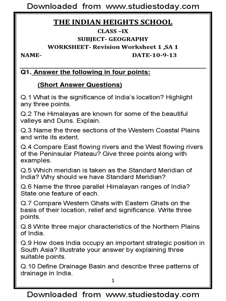 CBSE Class 9 Geography Worksheet Revision Worksheet PDF Himalayas
