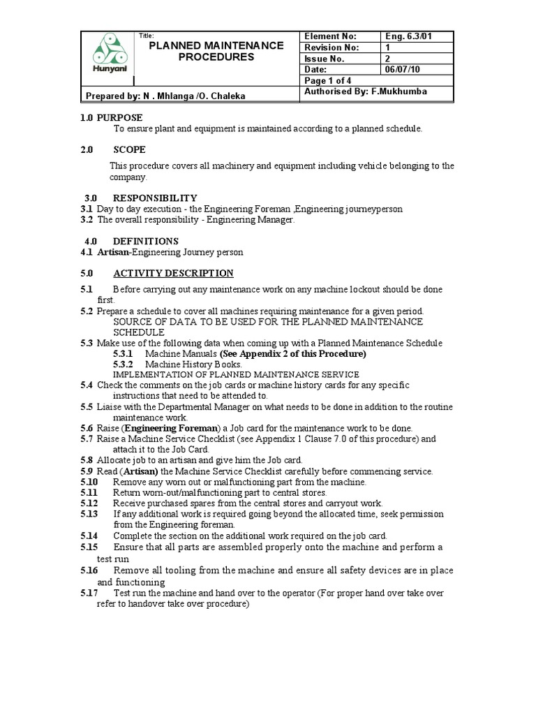 Planned Maintenance Procedures Guide | PDF | Machines | Mechanical ...