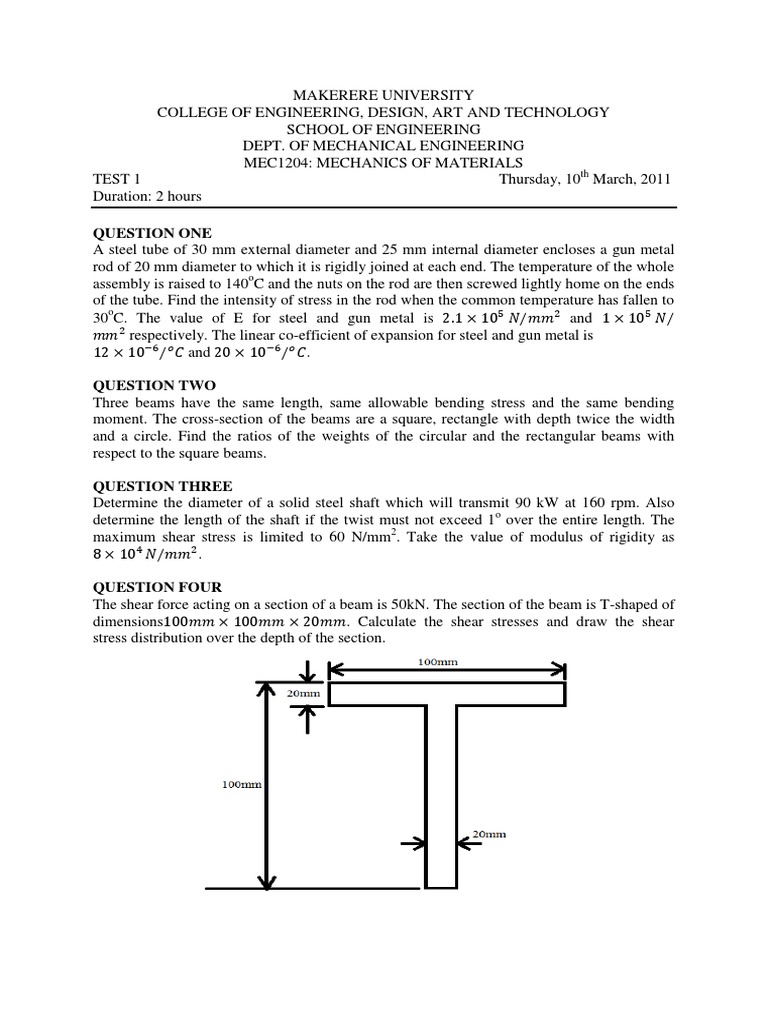 Mechanics of Materials Test 1 Guide | PDF