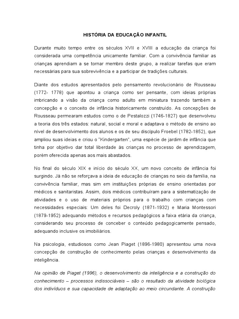 Evolução da Educação Infantil | PDF | Pré-escola | Pedagogia