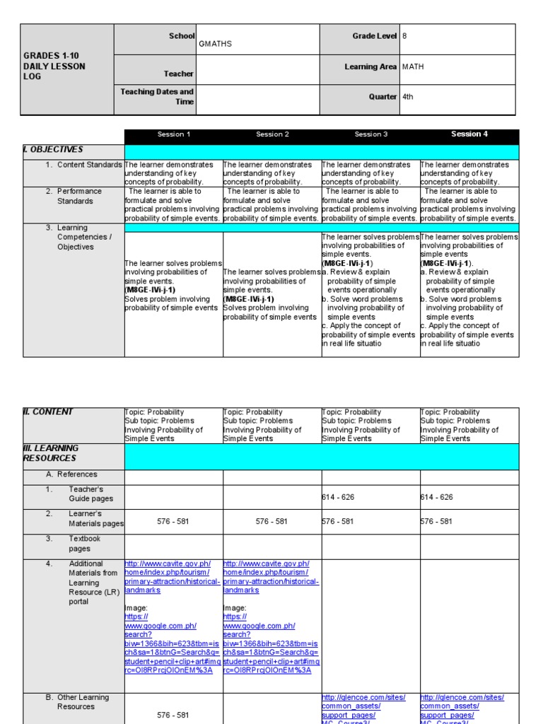 Grade 8 Math: Probability Lessons Q4 | PDF | Learning | Probability