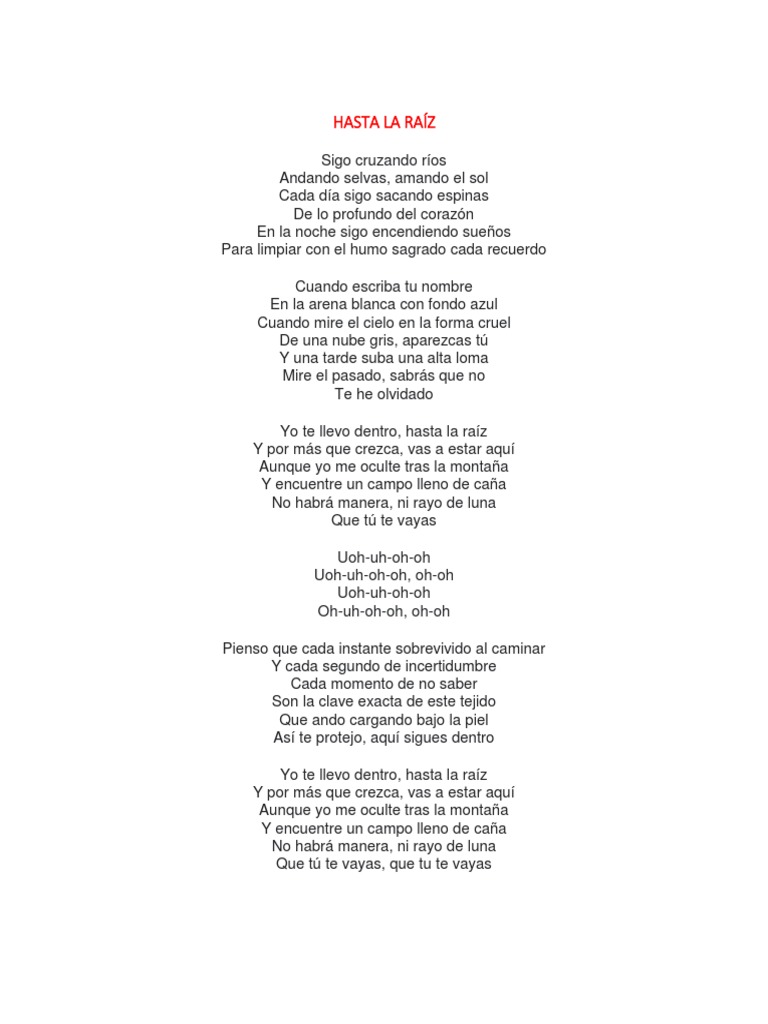 Hasta La Raiz lyrics Spanish version