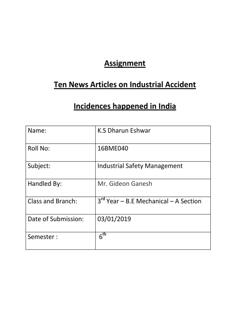 Ten News Articles On Industrial Accidents Happened in India PDF