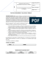 Pol-Sst-001 Politica de Seguridad y Salud en El Trabajo