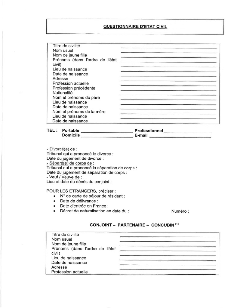Fiche Questionnaire Etat Civil Pour Compromis