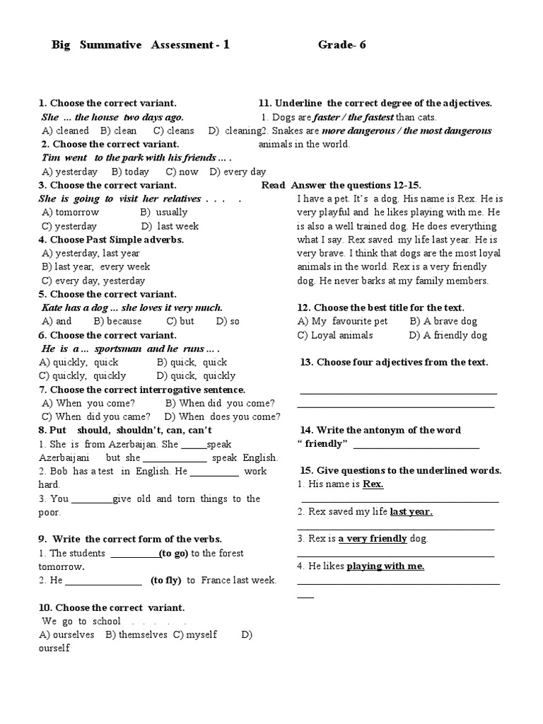 Ingilis Dili 6 Cı Sinif Bsq 1 Variant B 1 Pdf English Language