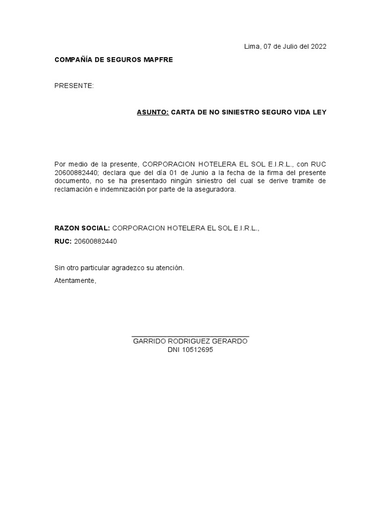 Carta de No Siniestro para Seguro Mapfre  PDF