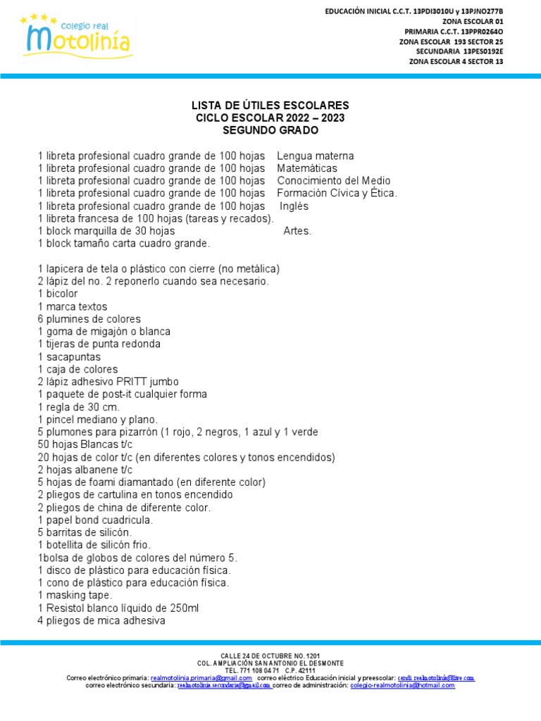 Lista de Útiles de Segundo Grado | PDF | Tecnicas artisticas