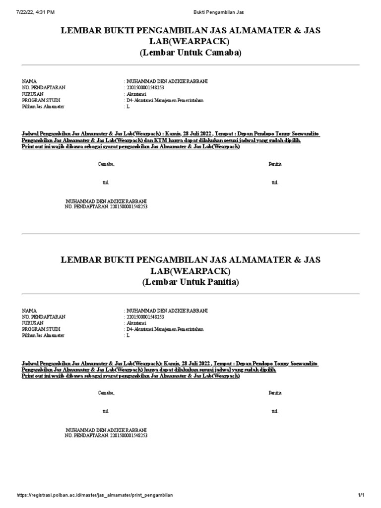 Bukti Pengambilan Jas | PDF