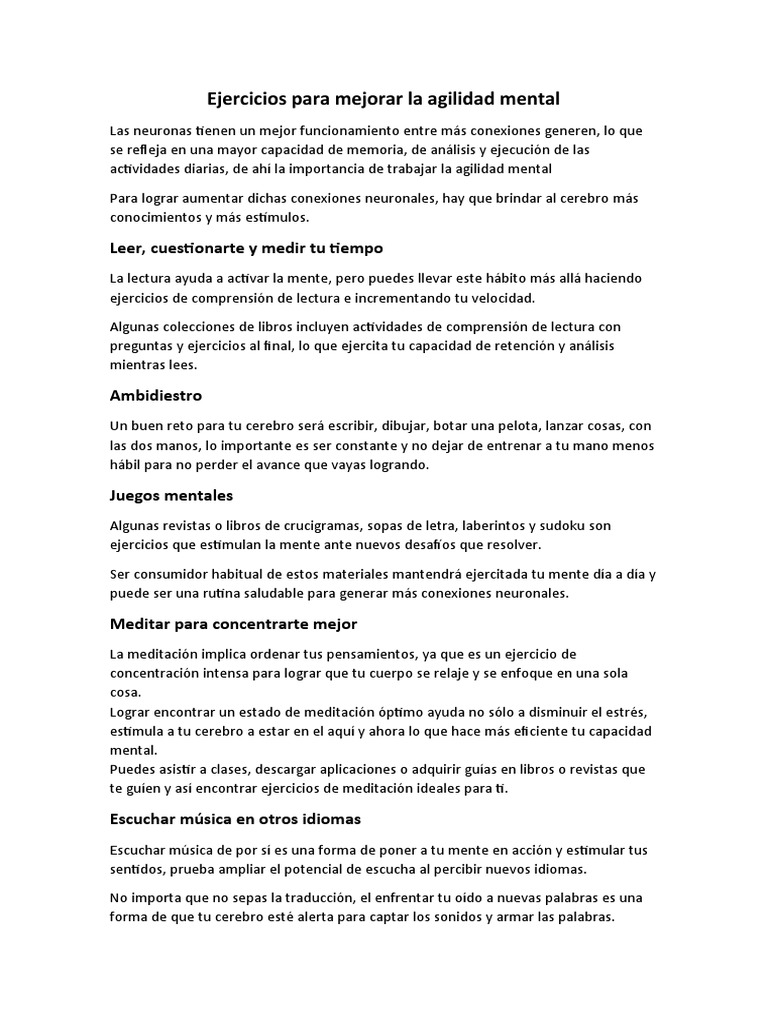 Ejercicios para Mejorar La Agilidad Mental | PDF | Mente | Aprendizaje