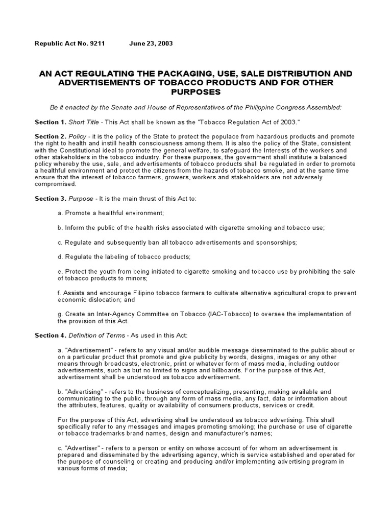 Republic Act No 9211 Regualting The Use of Packaging, Use, Sale