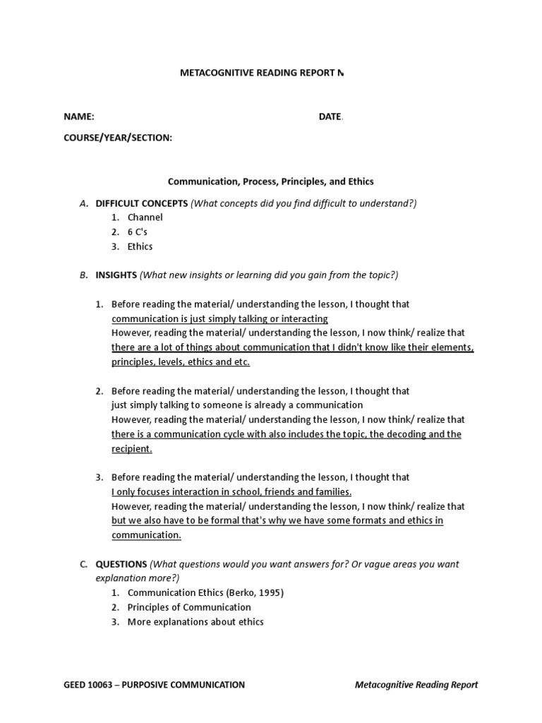 Metacognitive Reading Report No. 1 A. DIFFICULT CONCEPTS (What