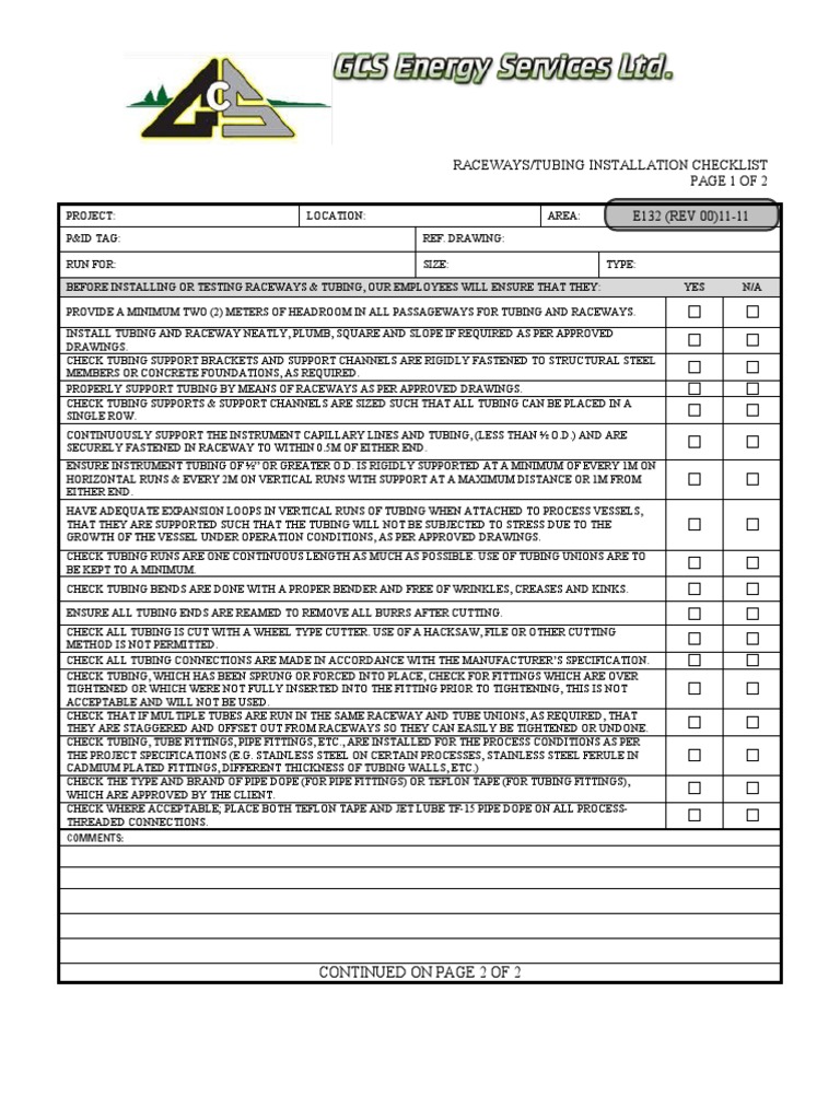 E132 - Raceways and Tubing Installation Checklist Rev 00 11.11 | PDF ...