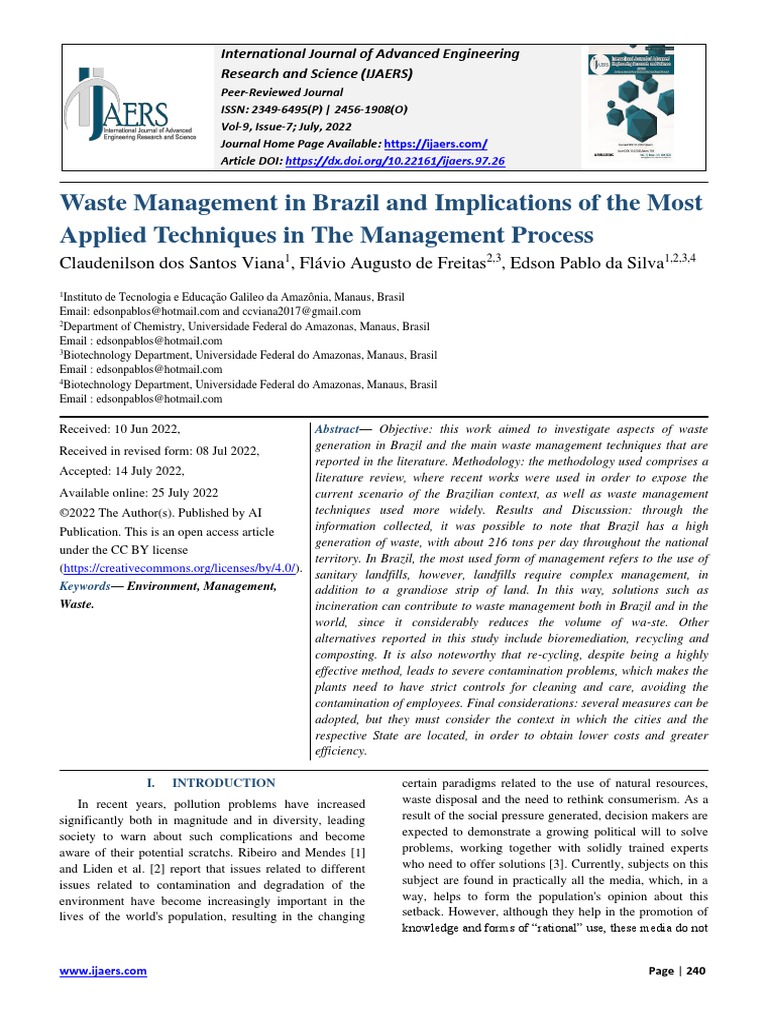 Waste Management in Brazil and Implications of The Most Applied