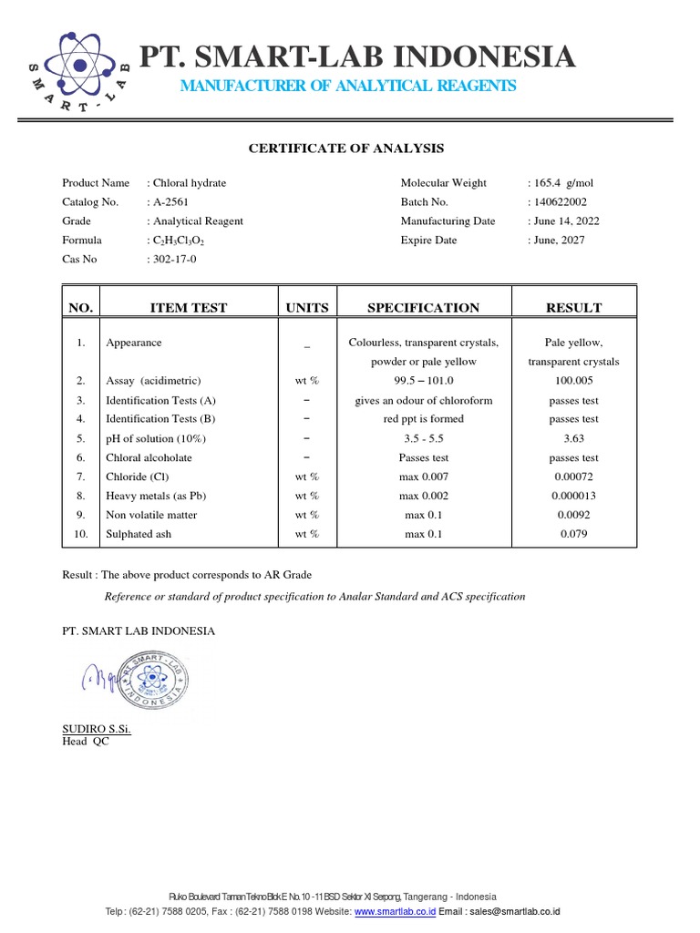 Certificate of Analysis for Chloral Hydrate Analytical Reagent from PT ...