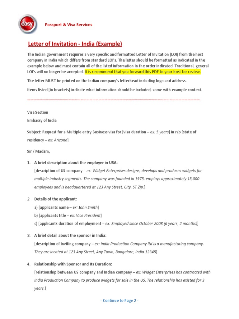 LetterofInvitationIndia PDF Travel Visa Passport