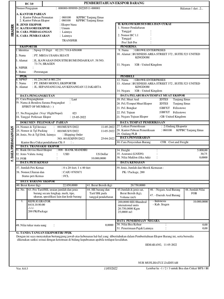 Pemberitahuan Ekspor Barang PT. Mega Usaha | PDF