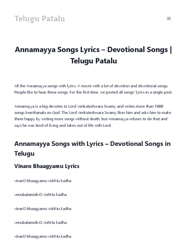Annamayya Songs Lyrics in PDF by TeluguPatalu PDF Hindu Texts