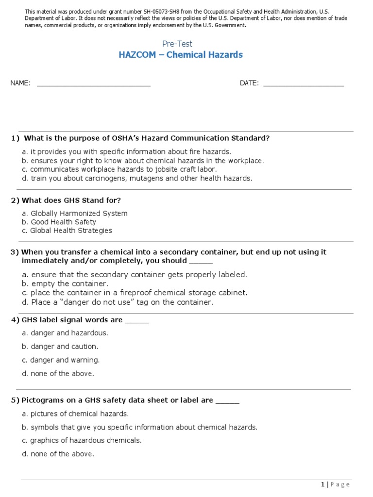 Chemical Hazards Pre Test & Answer Key PDF Safety