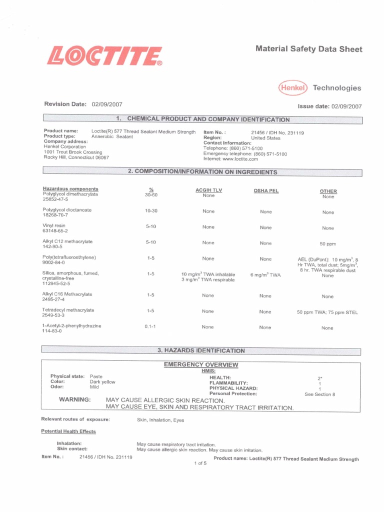 Loctite 577 Thread Sealant Medium Strength (MSDS) PDF