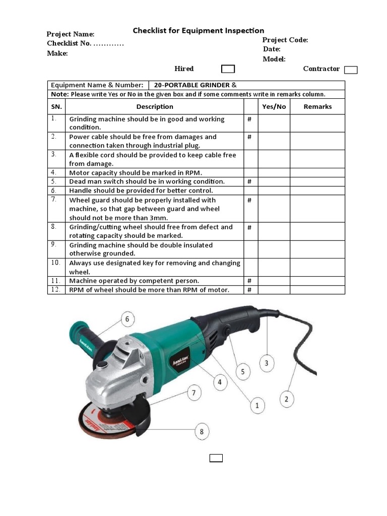 Checklist For Equipment Inspection Portable Grinder PDF