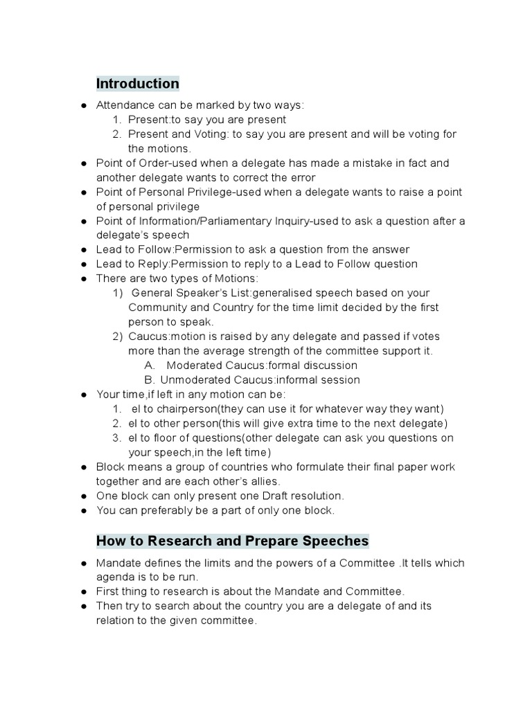 MUN Workshop Guidelines and Notes | PDF