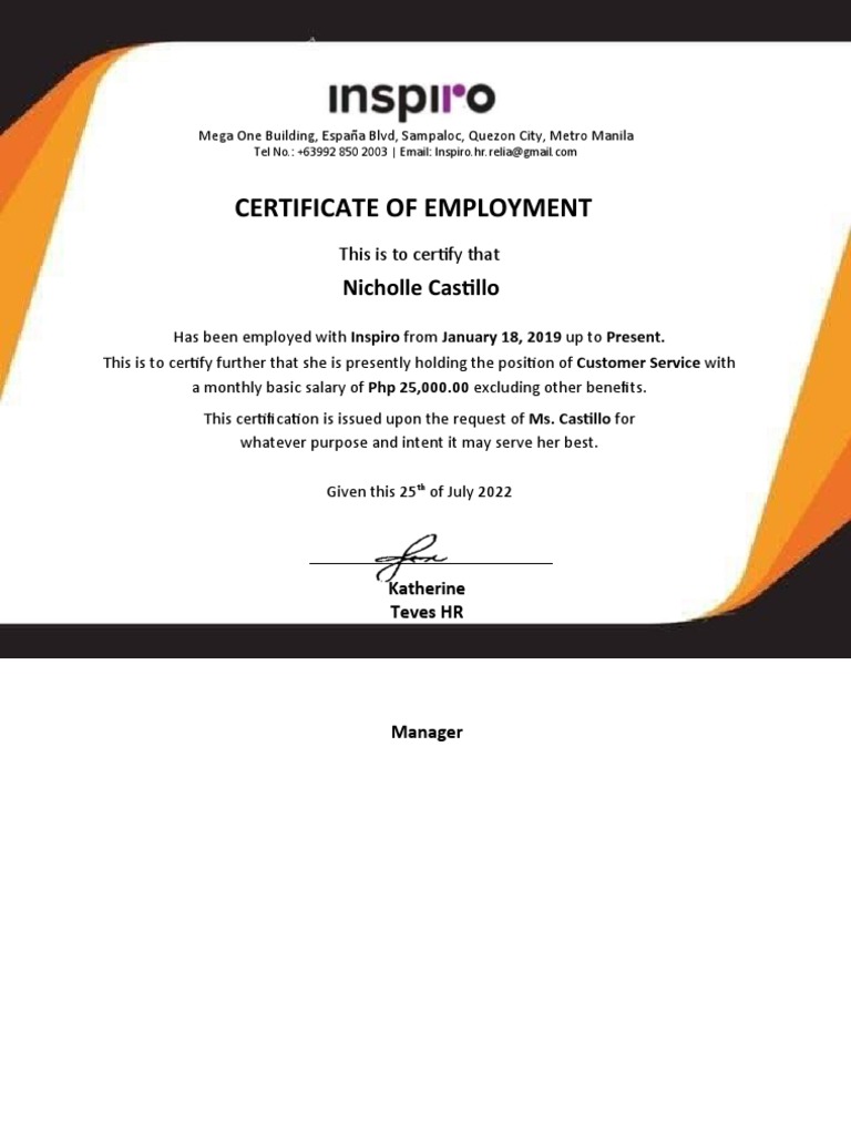Certificate of Employment: Nicholle Castillo | PDF