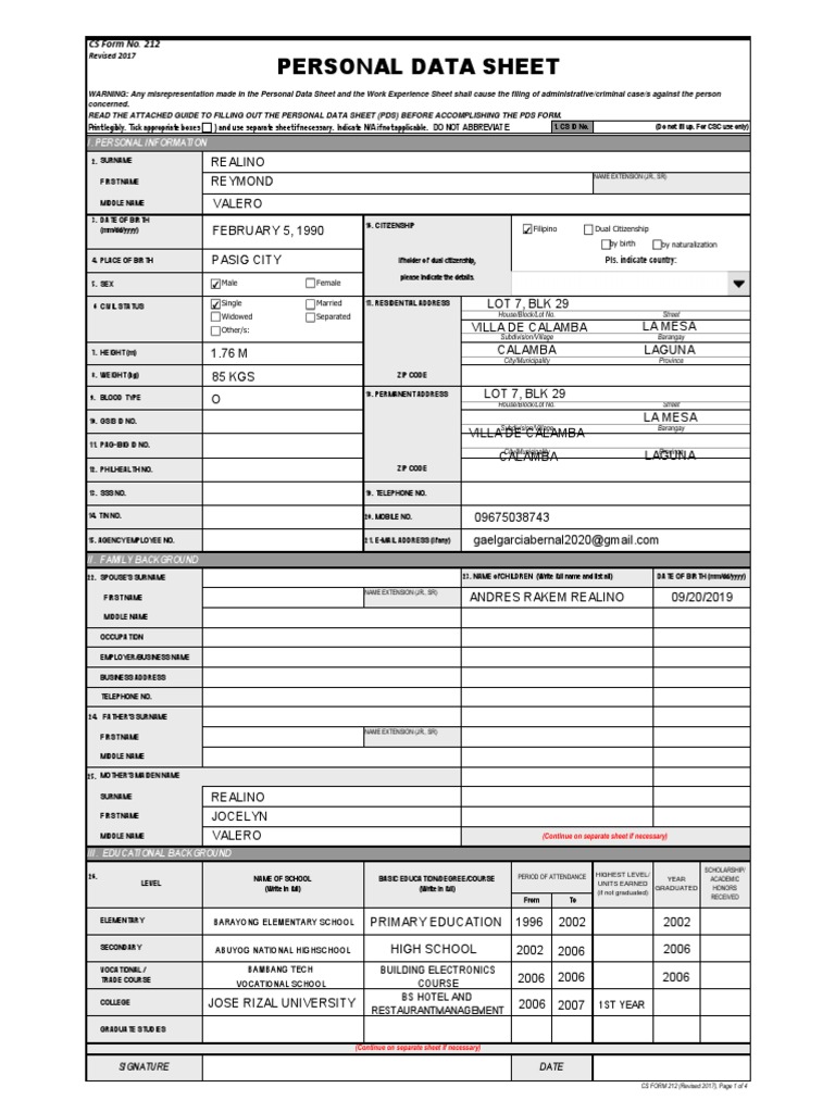 Personal Data Sheet | PDF