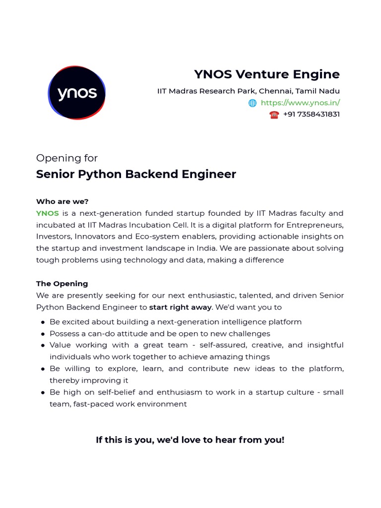 Senior Python Backend Engineer - YNOS Venture Engine | PDF | Startup ...