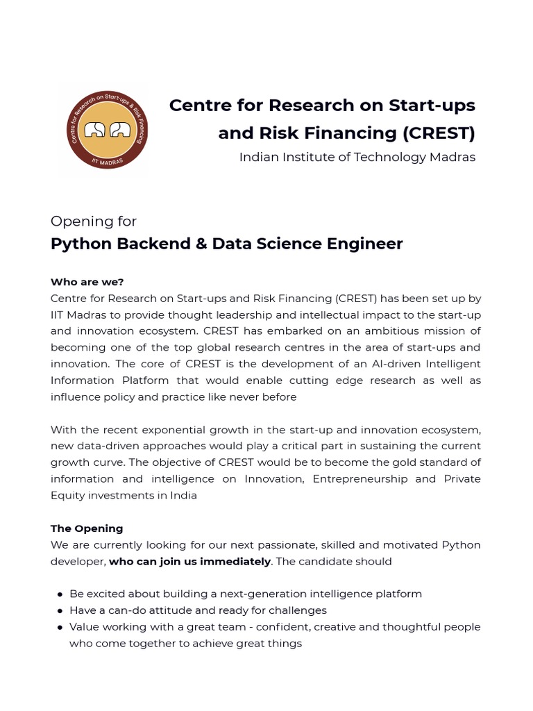 Python Backend Data Science Engineer - Centre For Research On Start-Ups ...