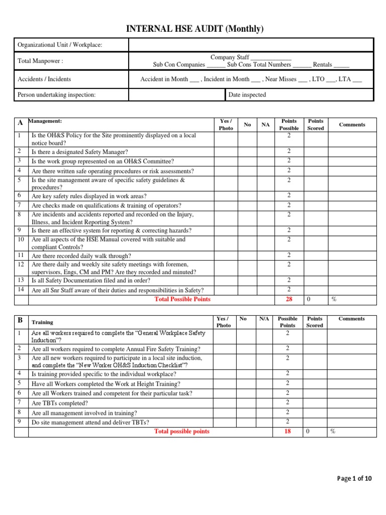 Monthly Internal HSE Audit Checklist | PDF | Occupational Safety And ...