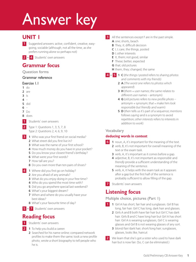 Gold B1 Preliminary Answer Key | PDF | Verb | Lunch