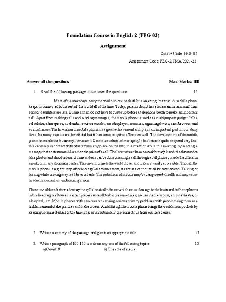 Foundation Course in English2 (FEG02) Assignment PDF Telephone