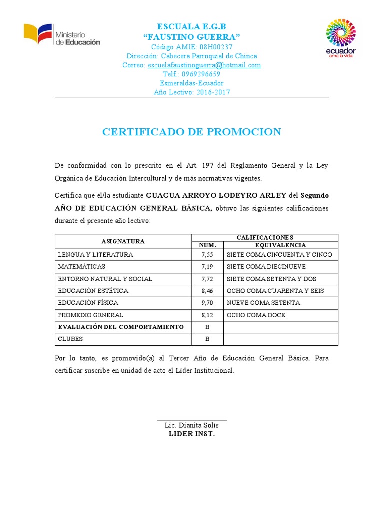 Certificado de Promoción Escolar EGB | PDF