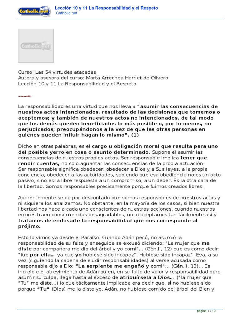Leccin 10 Y 11 La Responsabilidad Y El Respeto Pdf Pecado Mal