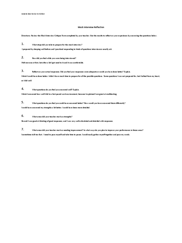 Bella Lesson 9 - Mock Interview Reflection 1 | PDF