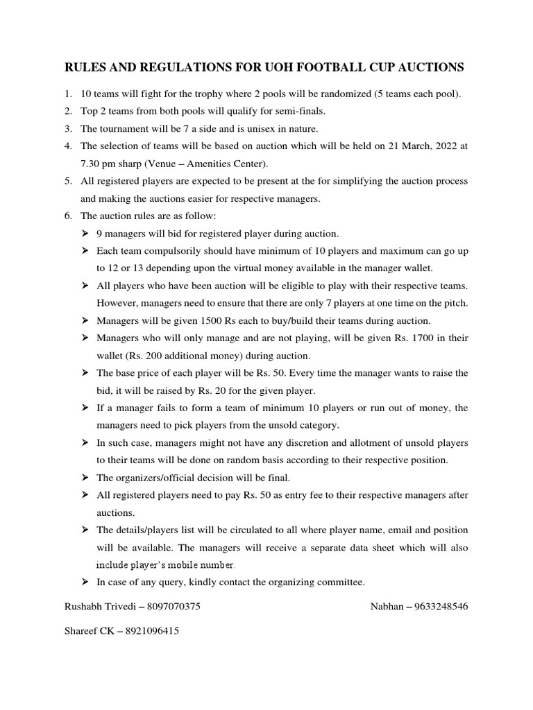 Rules and Regulations For Uoh Football Cup Auctions | PDF
