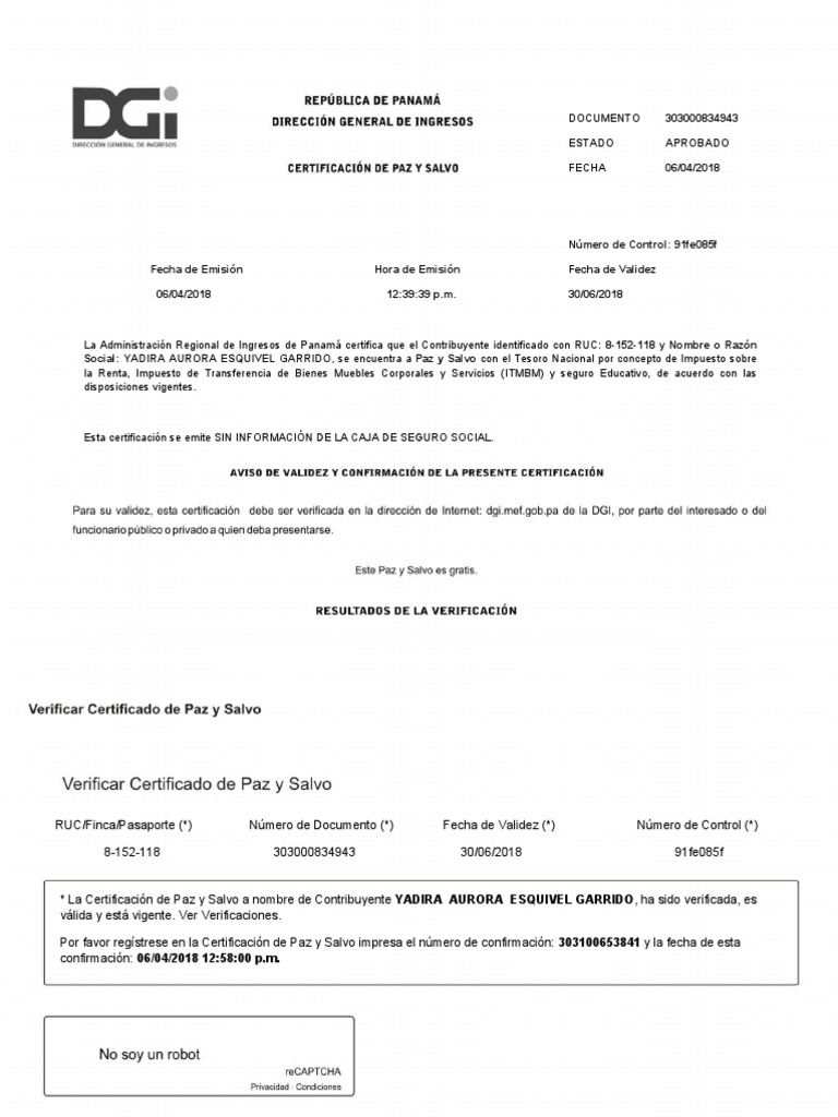 Certificación de Paz y Salvo Panamá | PDF