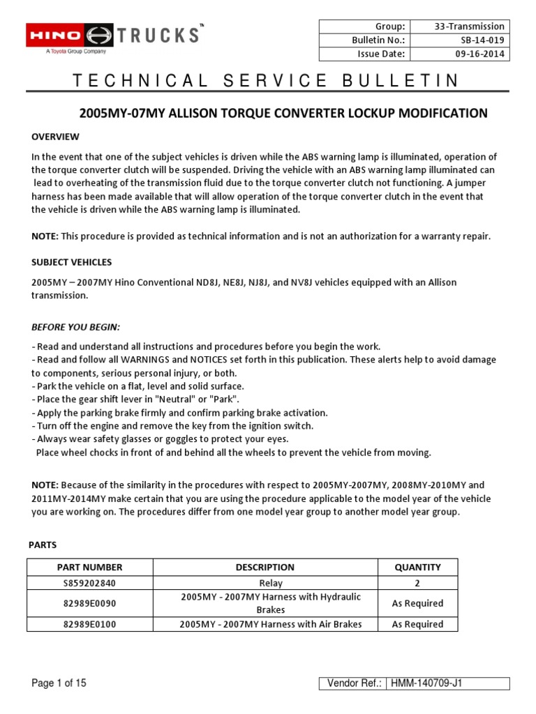 SB14019 05MY07MY Allison Torque Converter Lockup Modification PDF