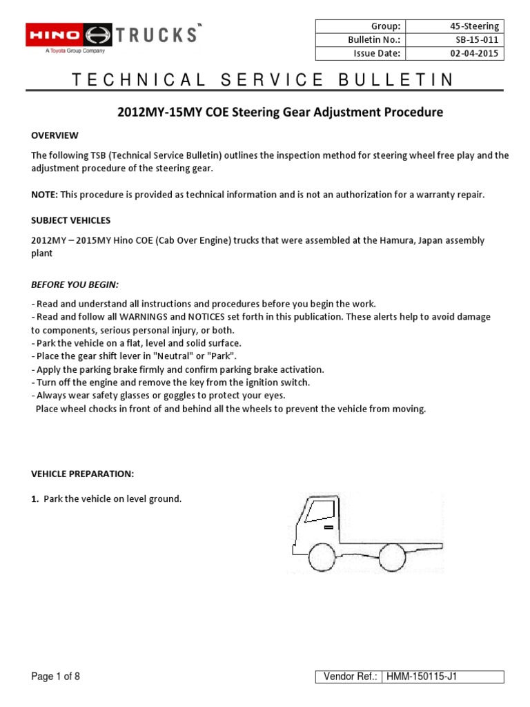 SB15011 12MY15MY COE Steering Free Play Adjustment PDF Steering