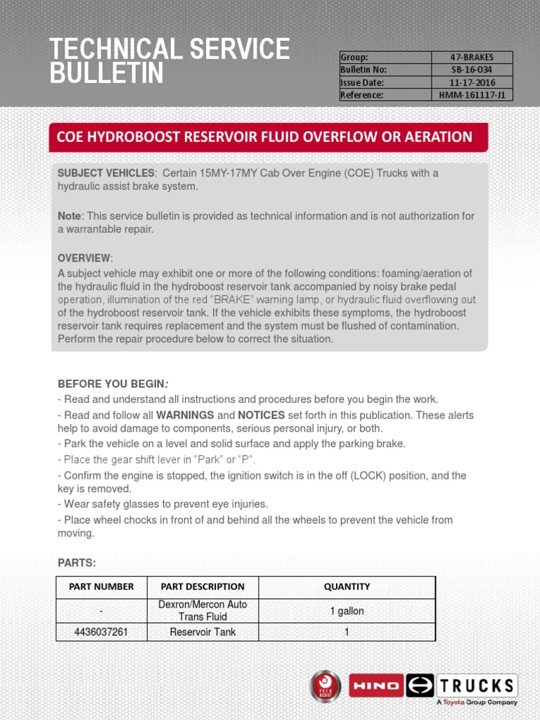 SB16034 COE Hydroboost Reservoir Fluid Overflow PDF Vehicles Brake