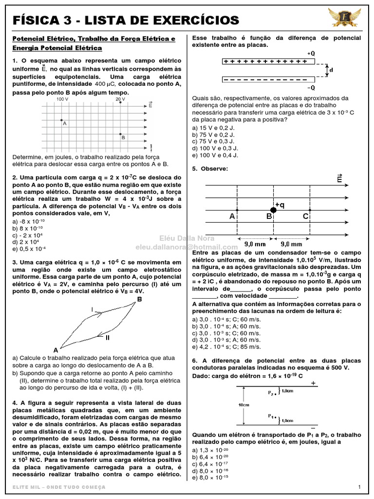Exercícios sobre Potencial Elétrico e Trabalho | PDF | Campo elétrico ...