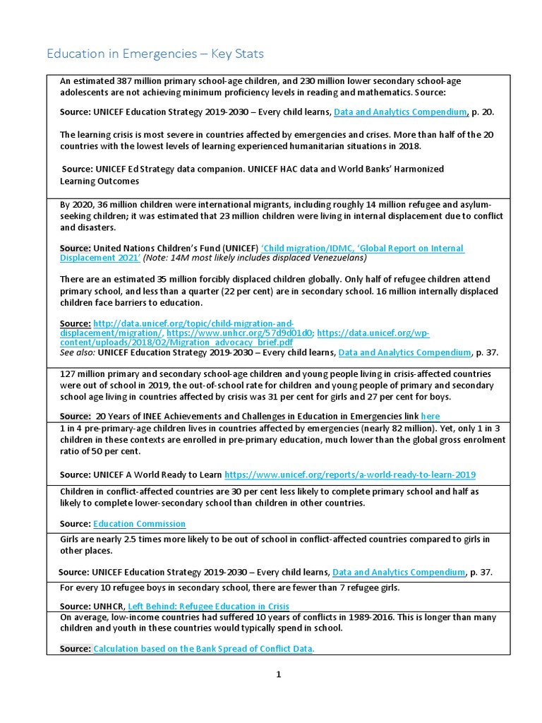 Education in Emergencies Key Statistics | PDF | Refugee | Internally ...