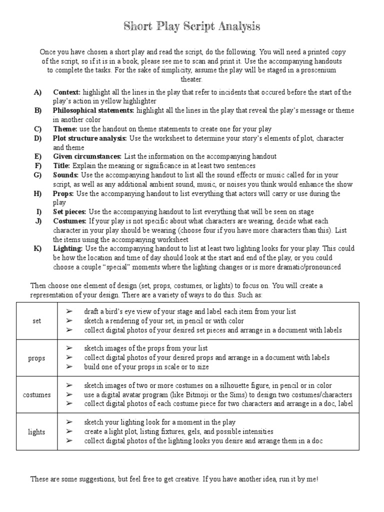 Short Play Stagecraft Analysis Project PDF Information Lighting