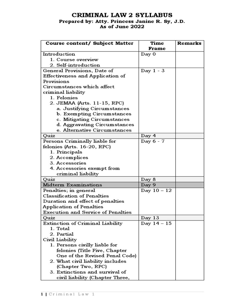 Criminal Law 2 Syllabus Pdf Morality Government