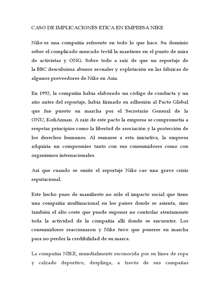 Caso de Implicaciones Etica en Empresa Nike PDF Publicidad Nike