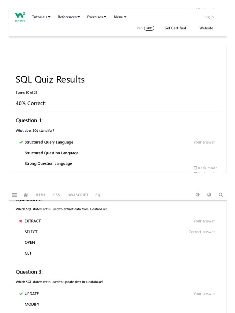 W3Schools Quiz Results | PDF | Sql | Bootstrap (Front End Framework)