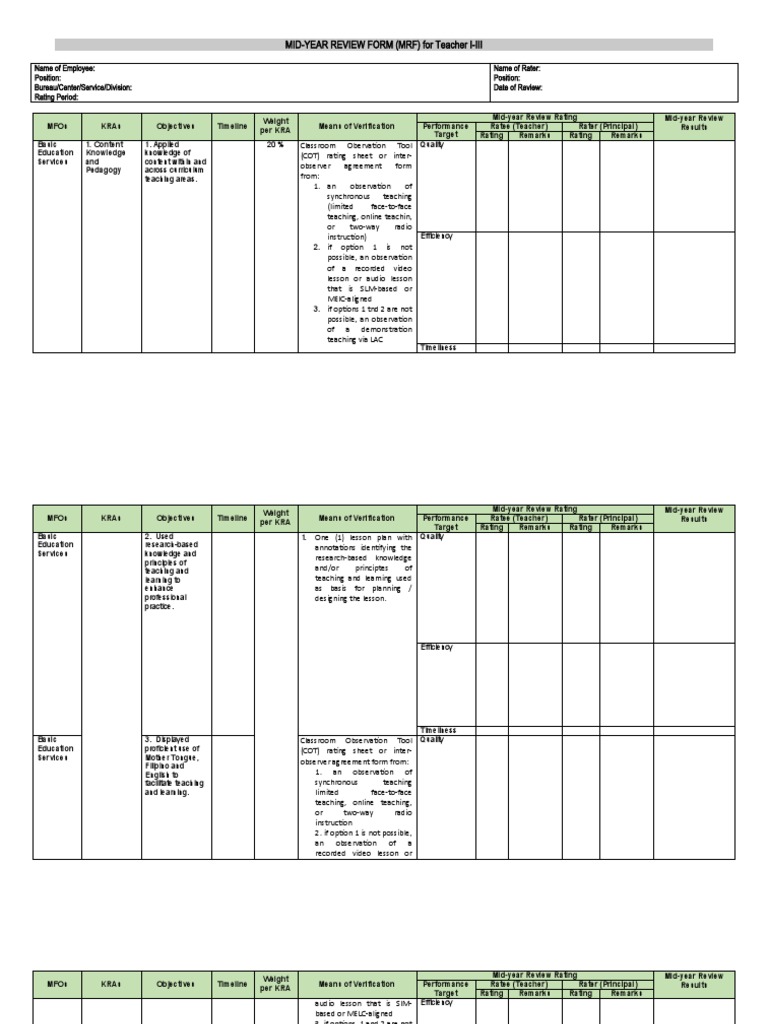 Mid-Year Review Form (MRF) For Teacher I-Iii | PDF | Lesson Plan | Teachers
