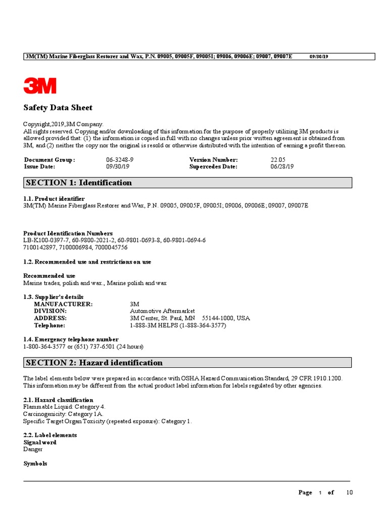 3M Marine Fiberglass Restorer Wax SDS 93019 PDF Personal Protective Equipment Hazardous Waste