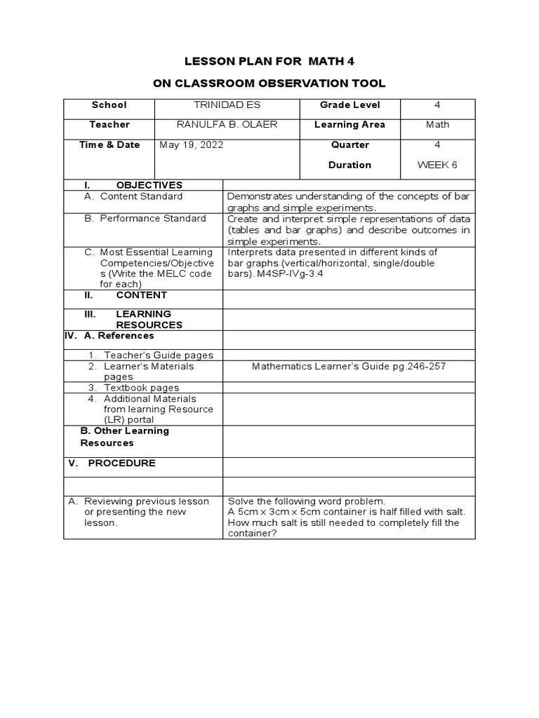 Lesson Plan For Math 4 On Classroom Observation Tool | PDF ...
